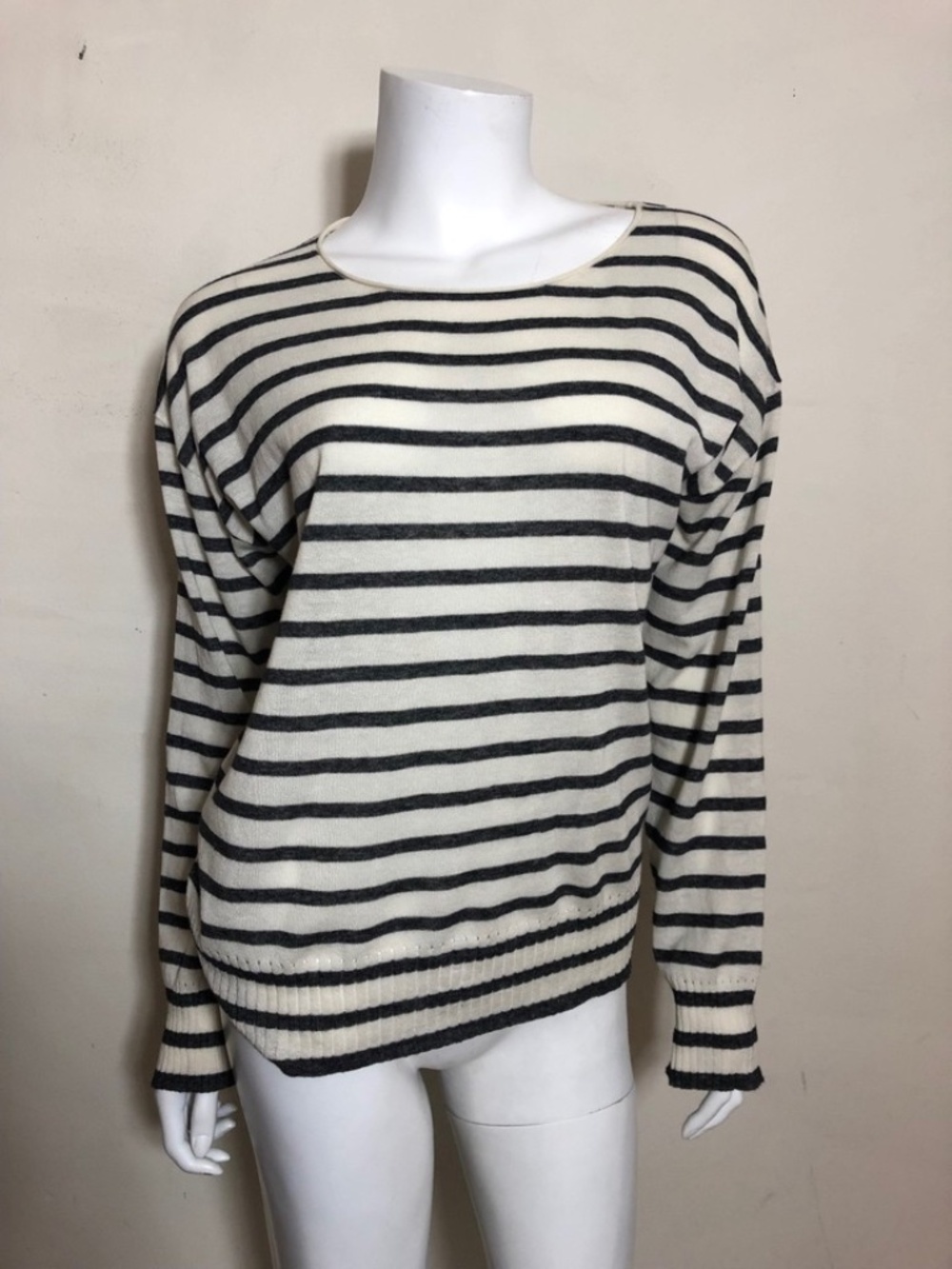 NILI LOTAN Cotton Knit Stripe Sweater in Ivory/Charcoal Size XS